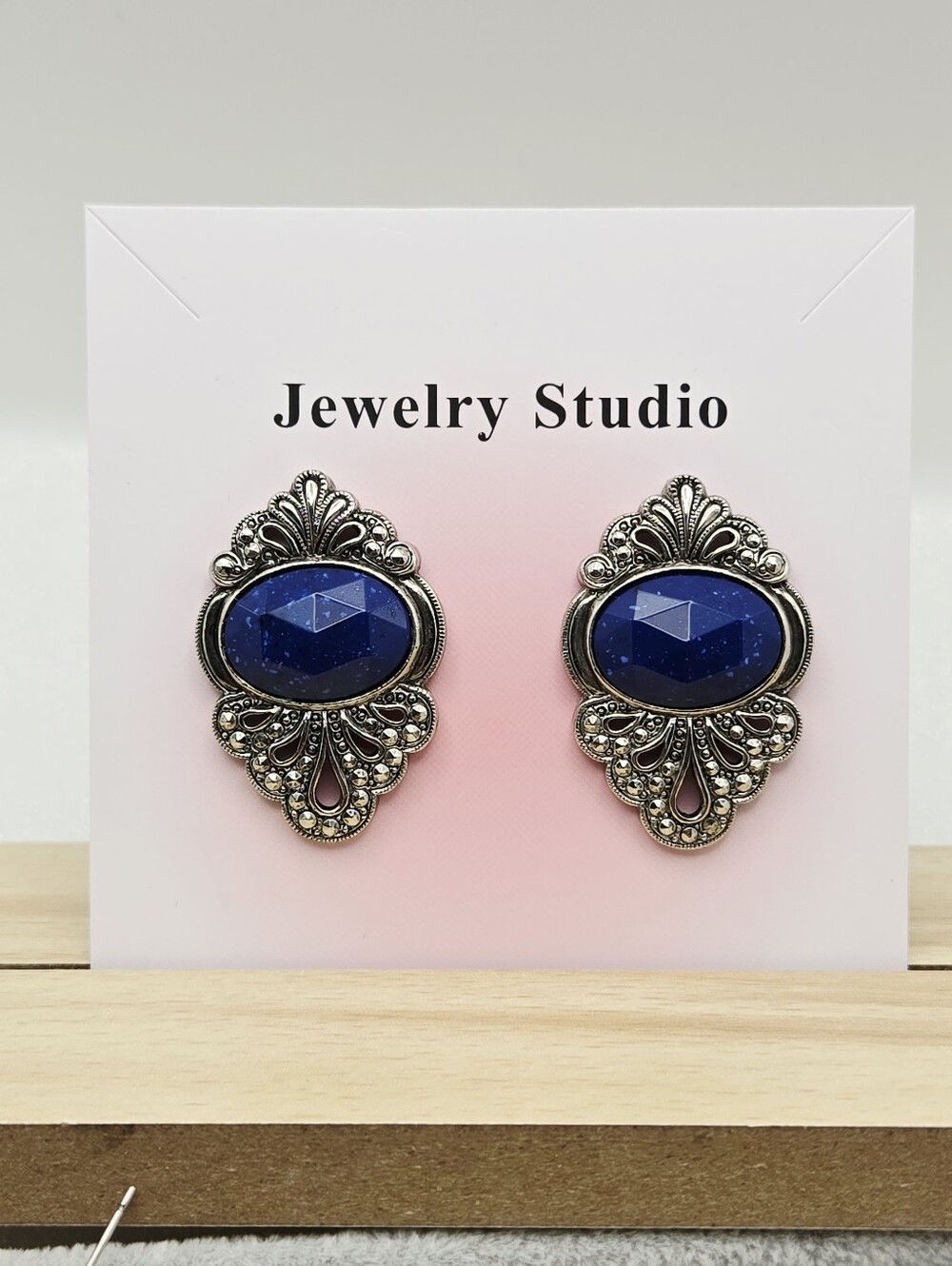 Vintage Blue Oval Fuax Lapis Sliver Tone Filigree Drop Earrings